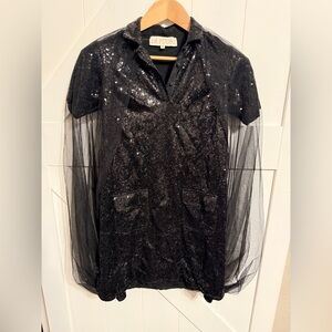 La Fuori Black Sequin Dress with Sheer Sleeves SEQUIN GEORGETTE DRESS